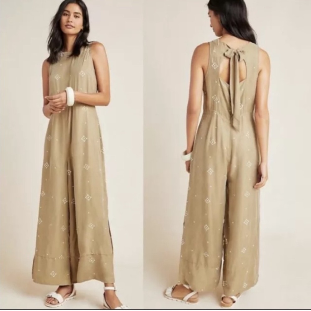 Anthropologie Sancia Carmela Wide-Leg Jumpsuit. Size: S. Tan & White